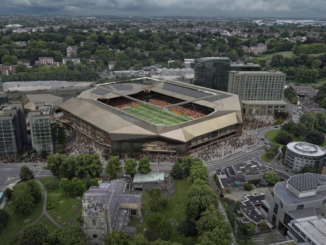 How Luton's Power Court stadium will look within the town centre landscape with Church Street to the left and St Mary's Church in the foreground