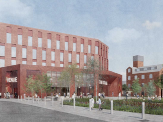 Proposed View from Luton rail station towards mixed-use building and Bute Mills. New public square in the foreground